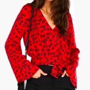 Express Red Floral Faux wrap tie front Bell Sleeve